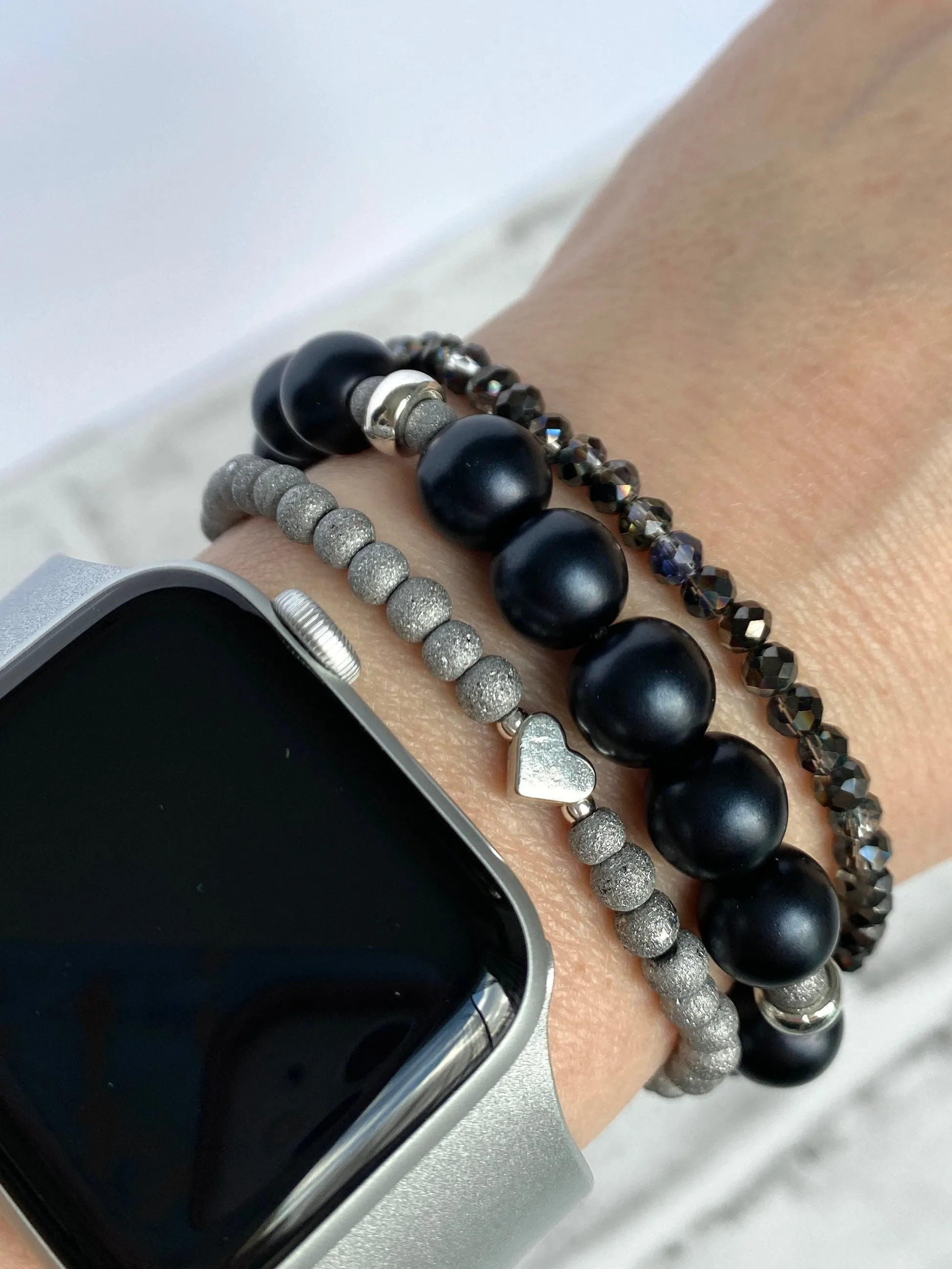 Black & Silver Stacking Bracelets/Stretch Bracelets/Layering Bracelets/Eclectic Style