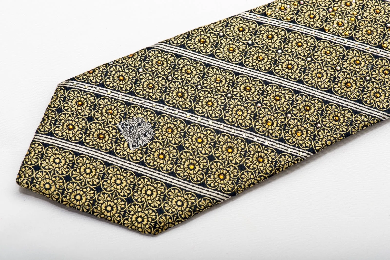 Cabrini Men's Silk Necktie Golden Floral & Striped On Navy Sparkling With Rhinestones