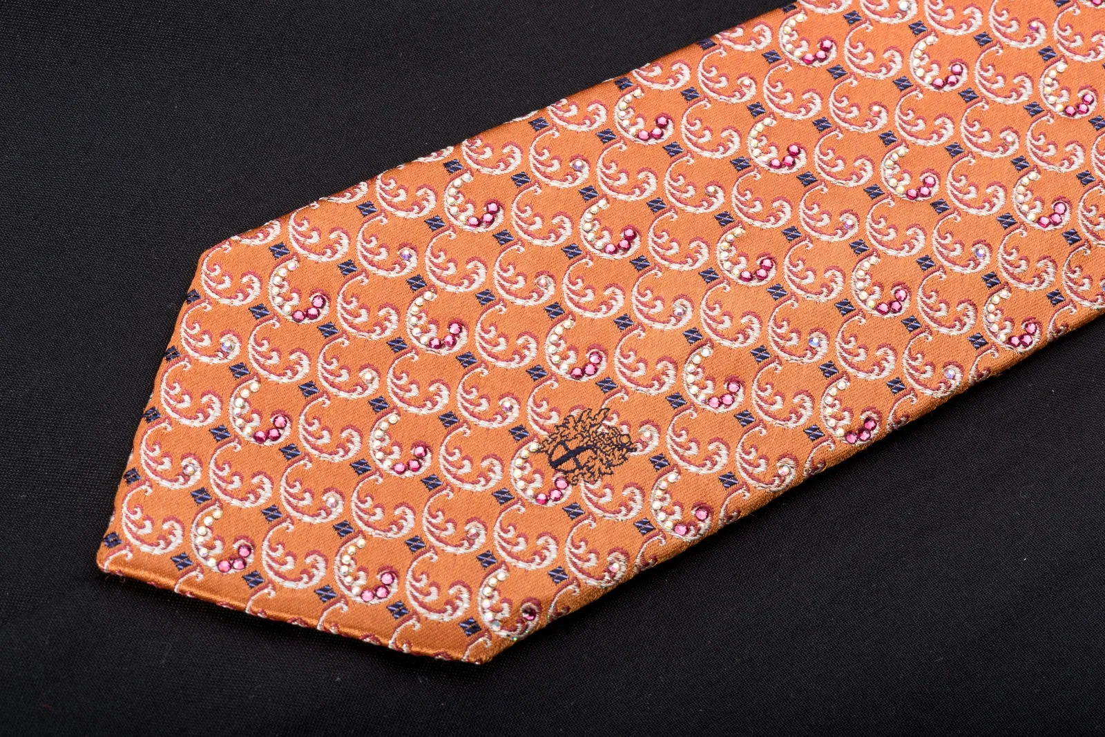 Daks Men's Rhinestone Silk Necktie Silver Filigree On Orange With Silver Sparkles