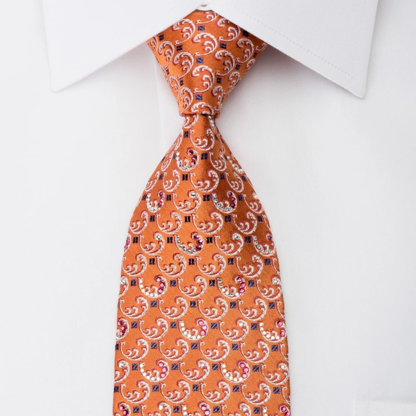 Daks Men's Rhinestone Silk Necktie Silver Filigree On Orange With Silver Sparkles