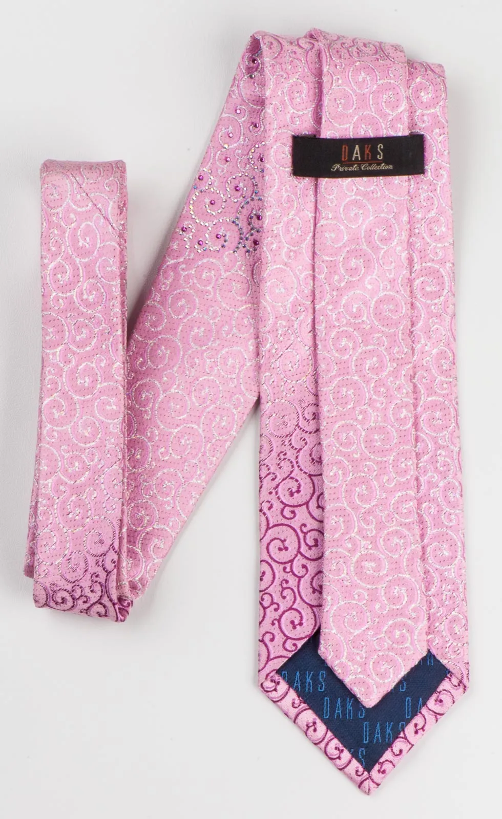 Daks Men's Woven Silk Rhinestone Tie Purple & White Scrolls On Pink With Silver Sparkles