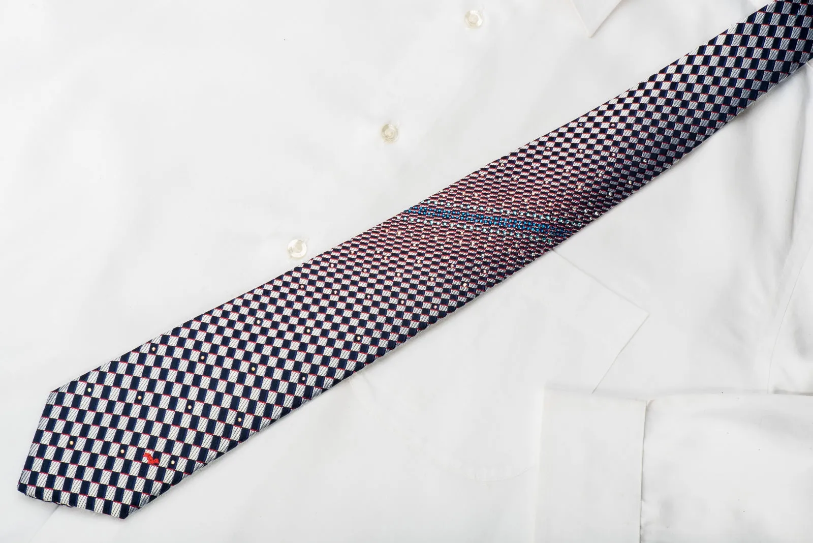 Daks Rhinestone Silk Necktie Silver Navy Checkered