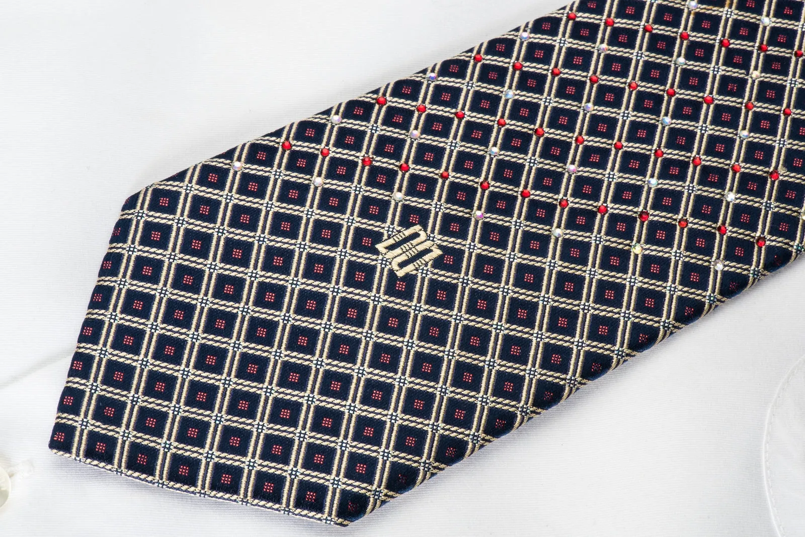 Daks Rhinestone Woven Silk Necktie Silver Trellis On Navy With Red Sparkles