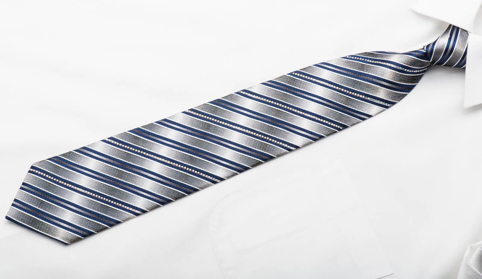 Daniel Hechter Men's Rhinestone Silk Necktie Silver Navy Blue Stripped With Sparkles