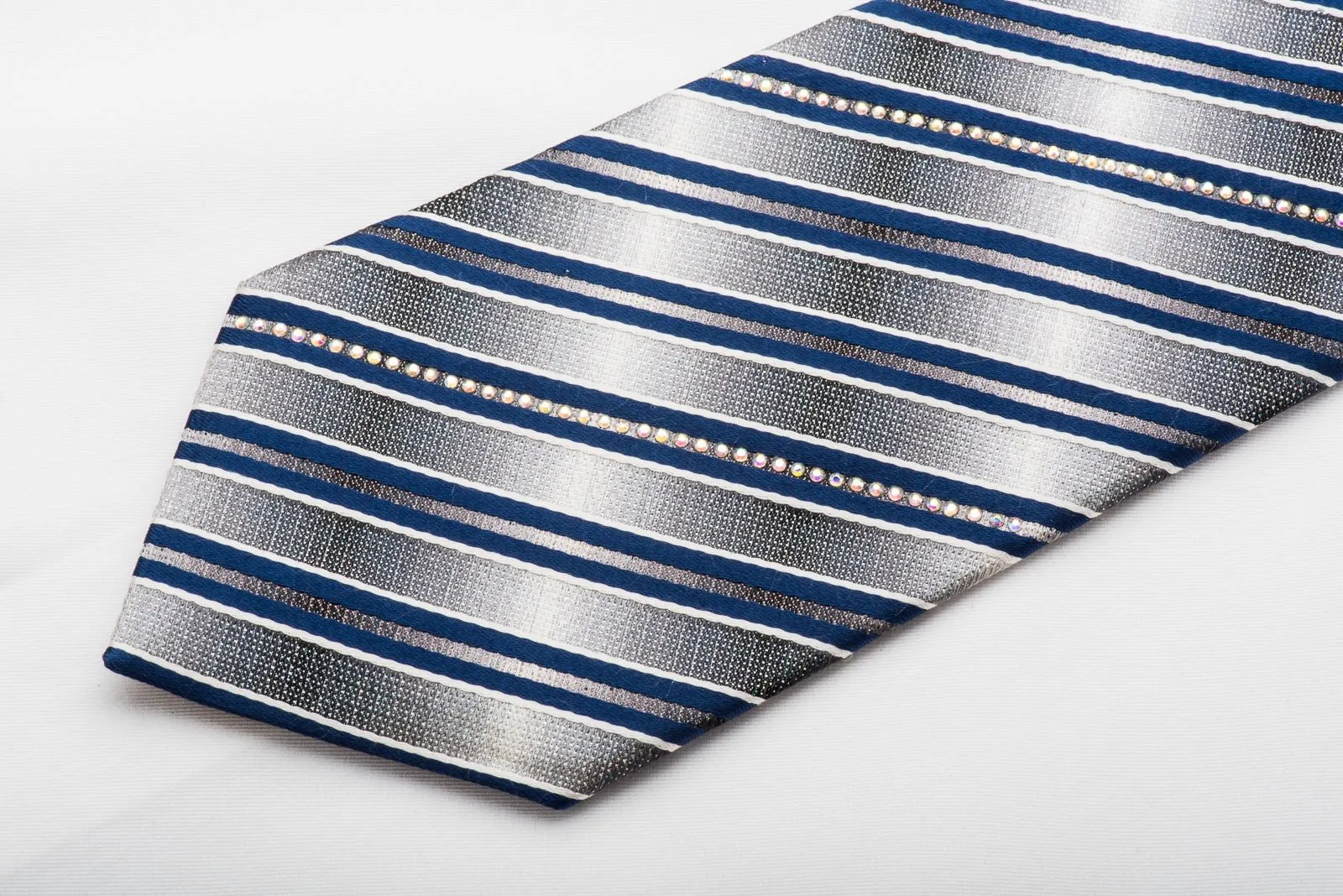 Daniel Hechter Men's Rhinestone Silk Necktie Silver Navy Blue Stripped With Sparkles