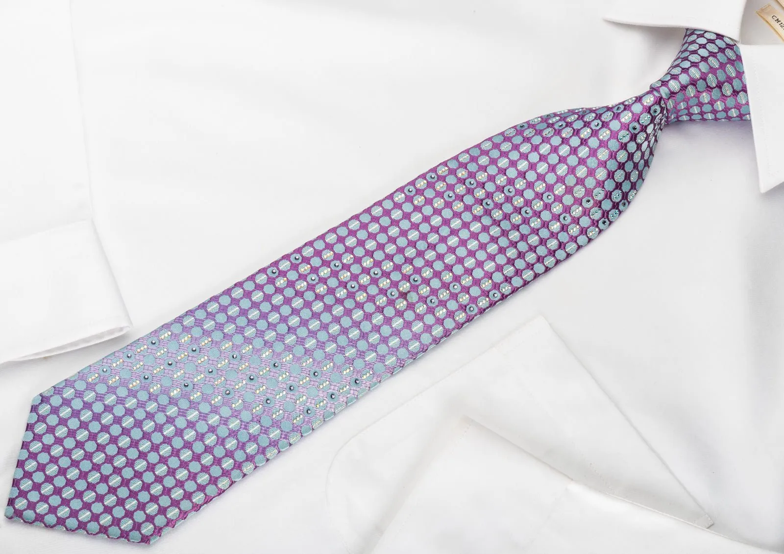 Daniel Hechter Rhinestone Silk Tie Blue Dots On Purple With Silver Sparkles