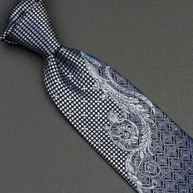 Elegance Silk Neck Tie Silver Scroll Quatrefoil On Dark Blue With Rhinestones