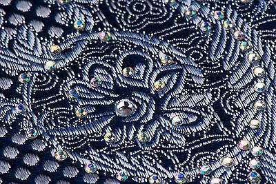 Elegance Silk Neck Tie Silver Scroll Quatrefoil On Dark Blue With Rhinestones