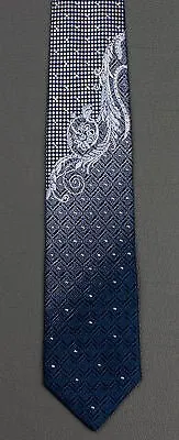 Elegance Silk Neck Tie Silver Scroll Quatrefoil On Dark Blue With Rhinestones