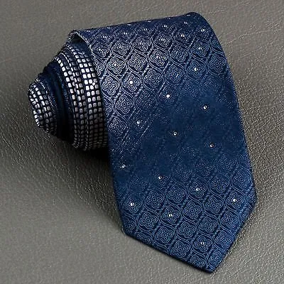 Elegance Silk Neck Tie Silver Scroll Quatrefoil On Dark Blue With Rhinestones