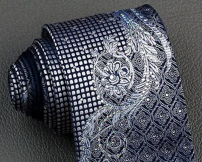 Elegance Silk Neck Tie Silver Scroll Quatrefoil On Dark Blue With Rhinestones