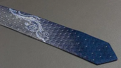 Elegance Silk Neck Tie Silver Scroll Quatrefoil On Dark Blue With Rhinestones