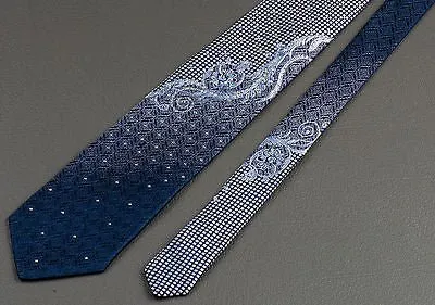 Elegance Silk Neck Tie Silver Scroll Quatrefoil On Dark Blue With Rhinestones