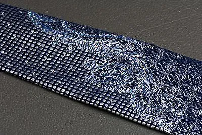 Elegance Silk Neck Tie Silver Scroll Quatrefoil On Dark Blue With Rhinestones