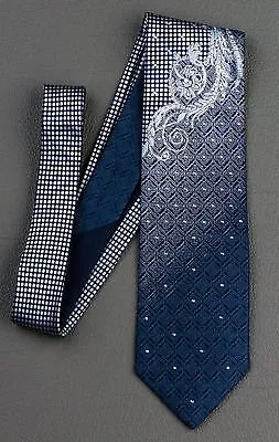 Elegance Silk Neck Tie Silver Scroll Quatrefoil On Dark Blue With Rhinestones