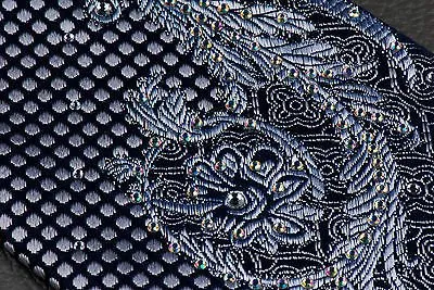 Elegance Silk Neck Tie Silver Scroll Quatrefoil On Dark Blue With Rhinestones