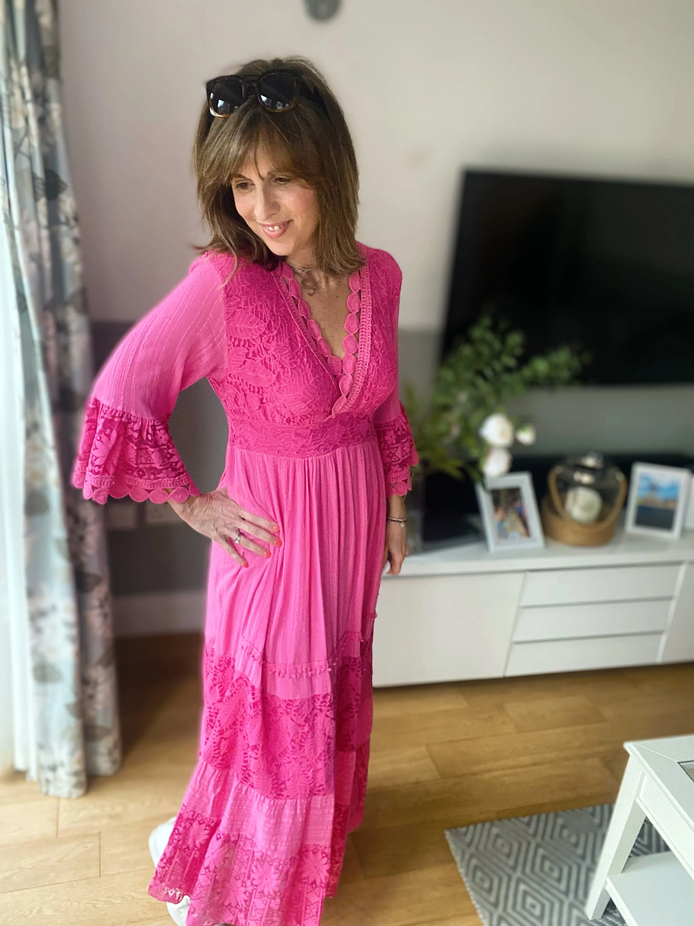 Full length pink lace crochet dress