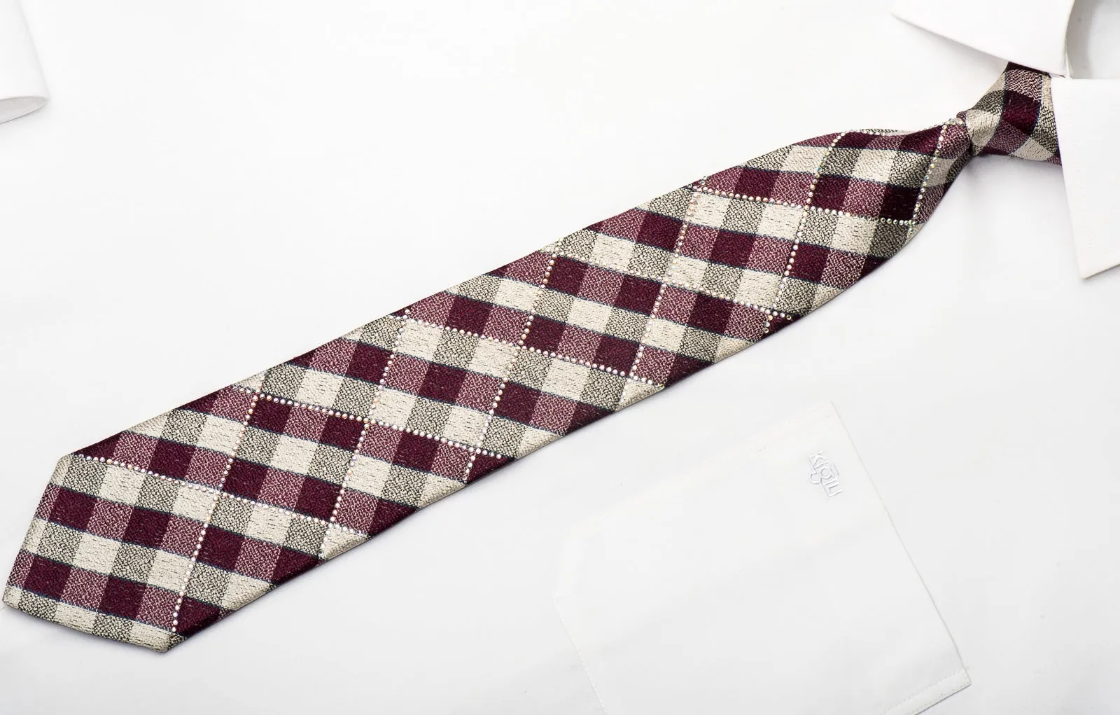 GGio Mens Silk Necktie Burgundy Ivory Checkered Sparkling With Rhinestones