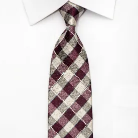 GGio Mens Silk Necktie Burgundy Ivory Checkered Sparkling With Rhinestones