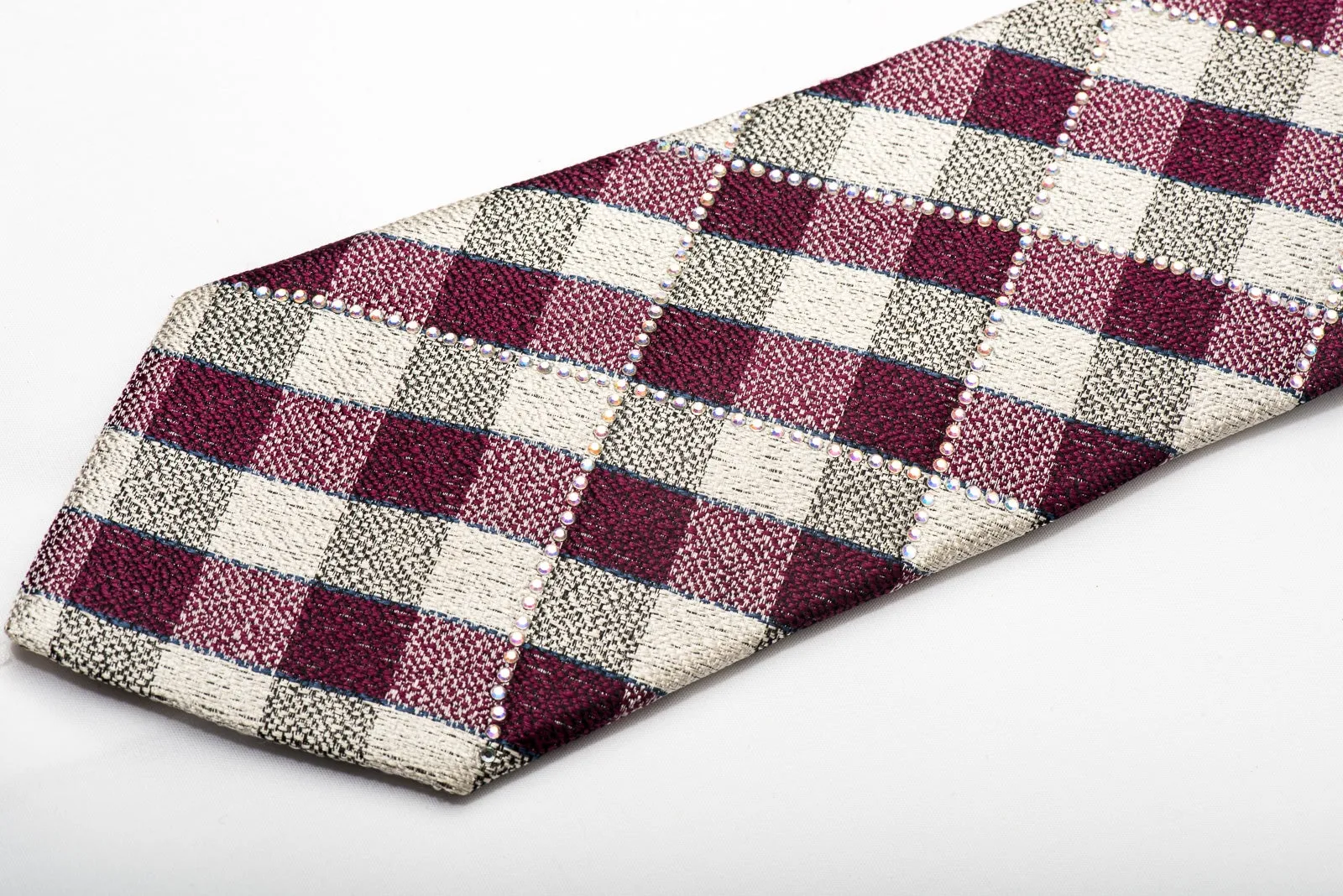 GGio Mens Silk Necktie Burgundy Ivory Checkered Sparkling With Rhinestones