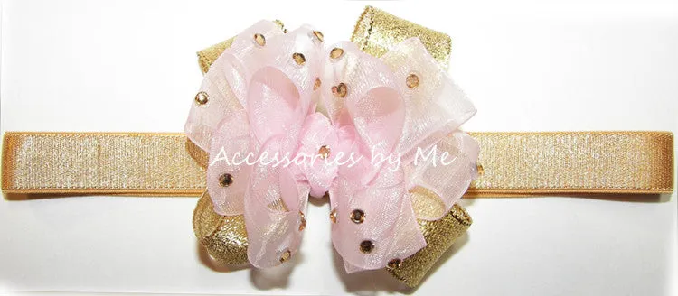 Glitzy Light Pink Gold Bow Headband