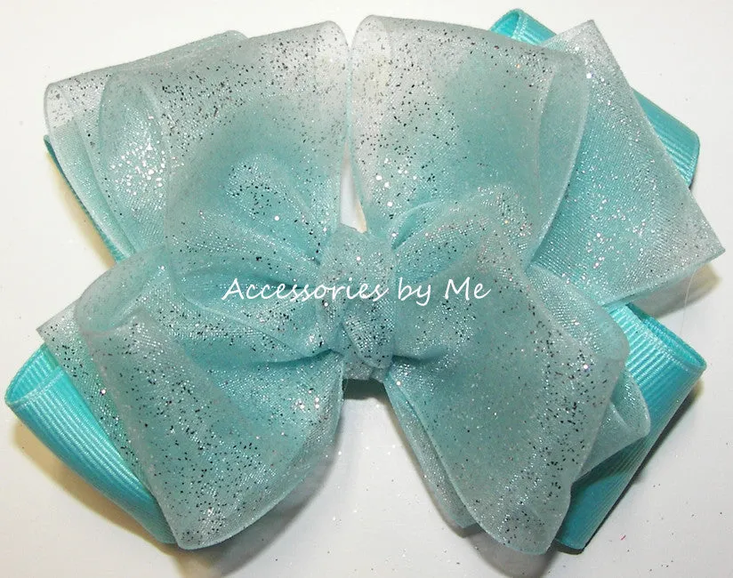 Glitzy Turquoise Organza Grosgrain Hair Bow