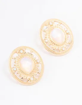 Gold Oval Ornate Stud Earrings