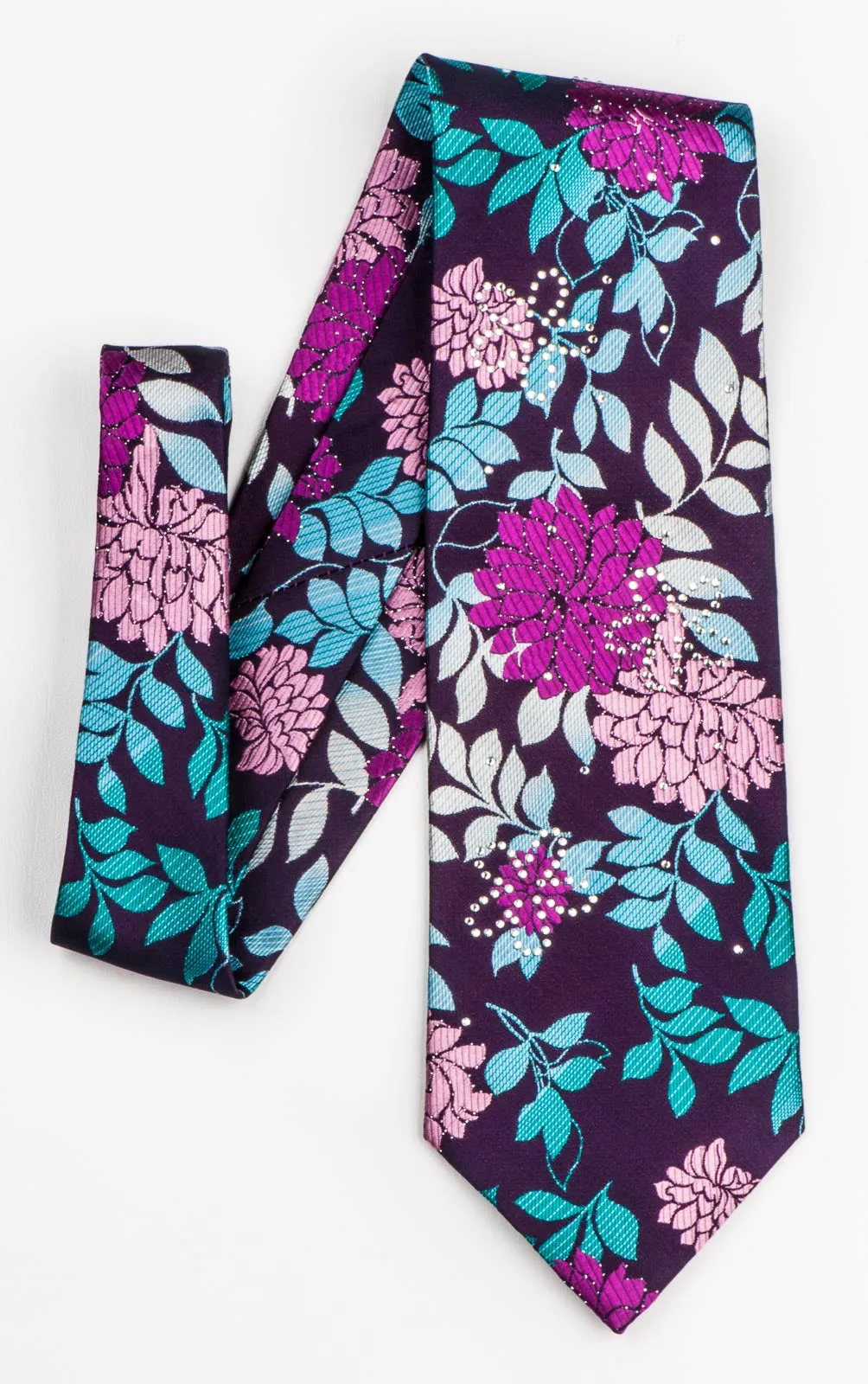 Grand Jour Silk Necktie Blue Pink Floral Design On Purple With Rhinestones