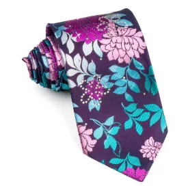 Grand Jour Silk Necktie Blue Pink Floral Design On Purple With Rhinestones