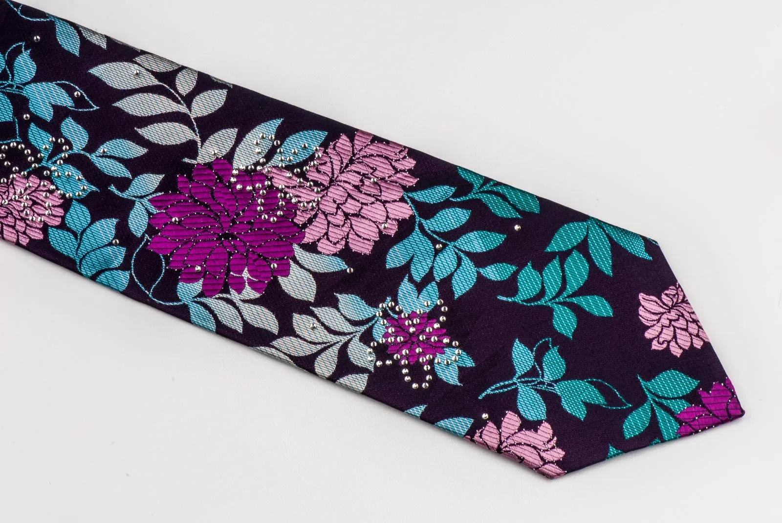 Grand Jour Silk Necktie Blue Pink Floral Design On Purple With Rhinestones