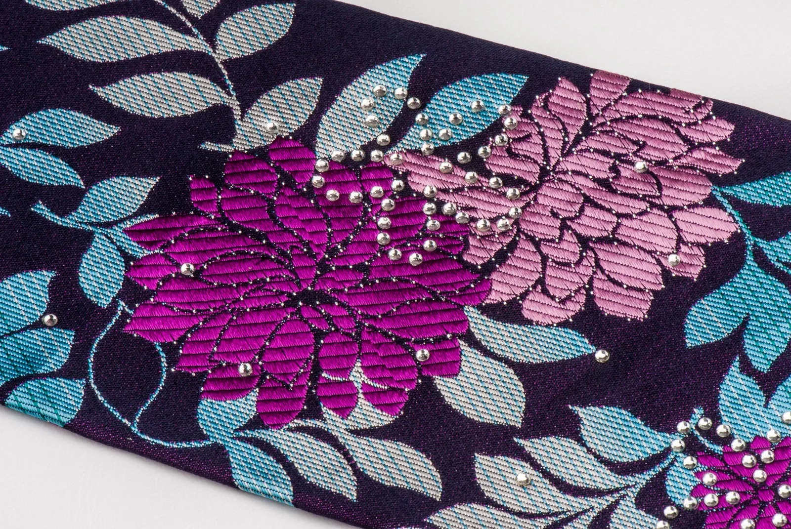 Grand Jour Silk Necktie Blue Pink Floral Design On Purple With Rhinestones