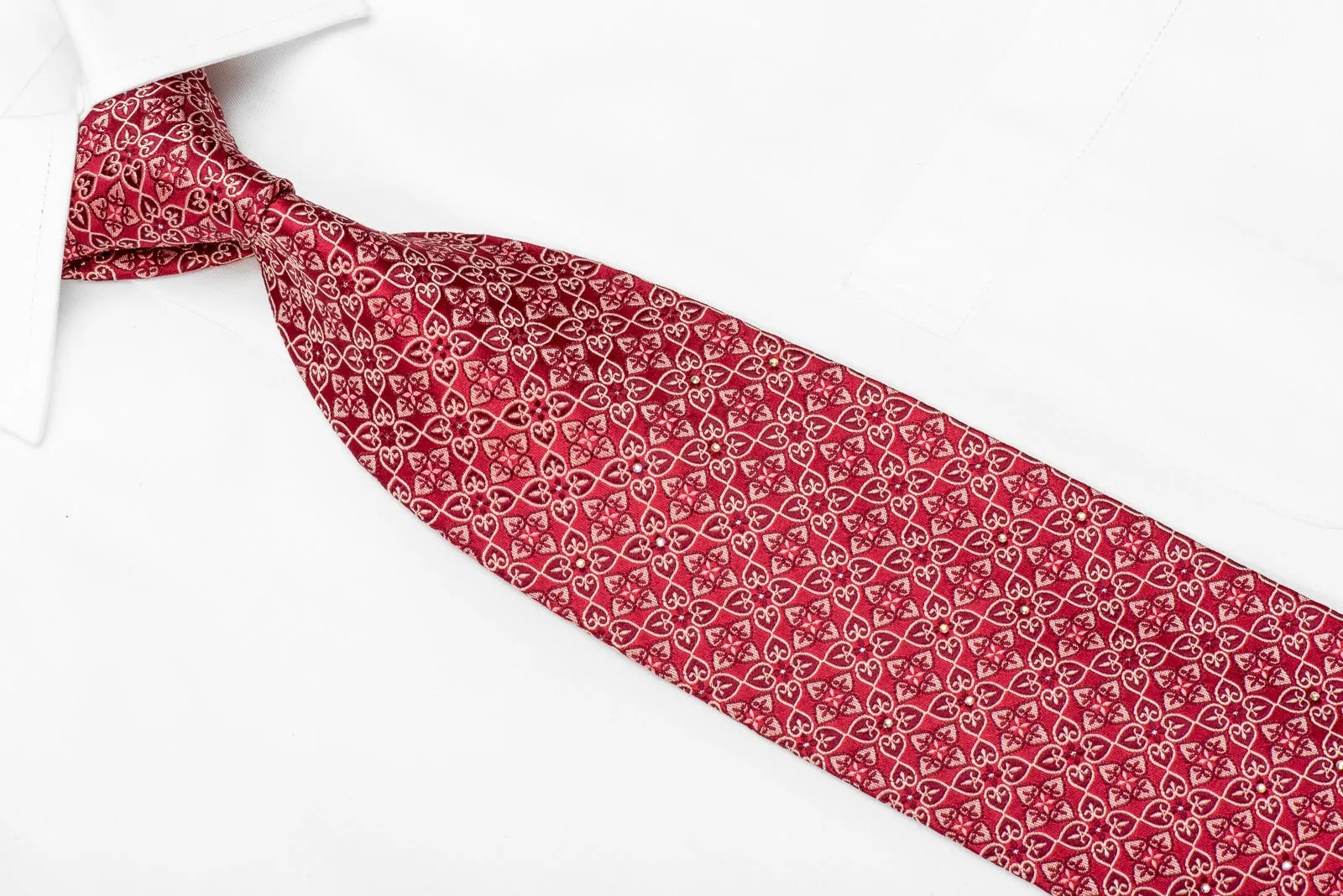 Guy Laroche Men's Crystal Silk Tie Cartouche On Red With Silver Sparkles