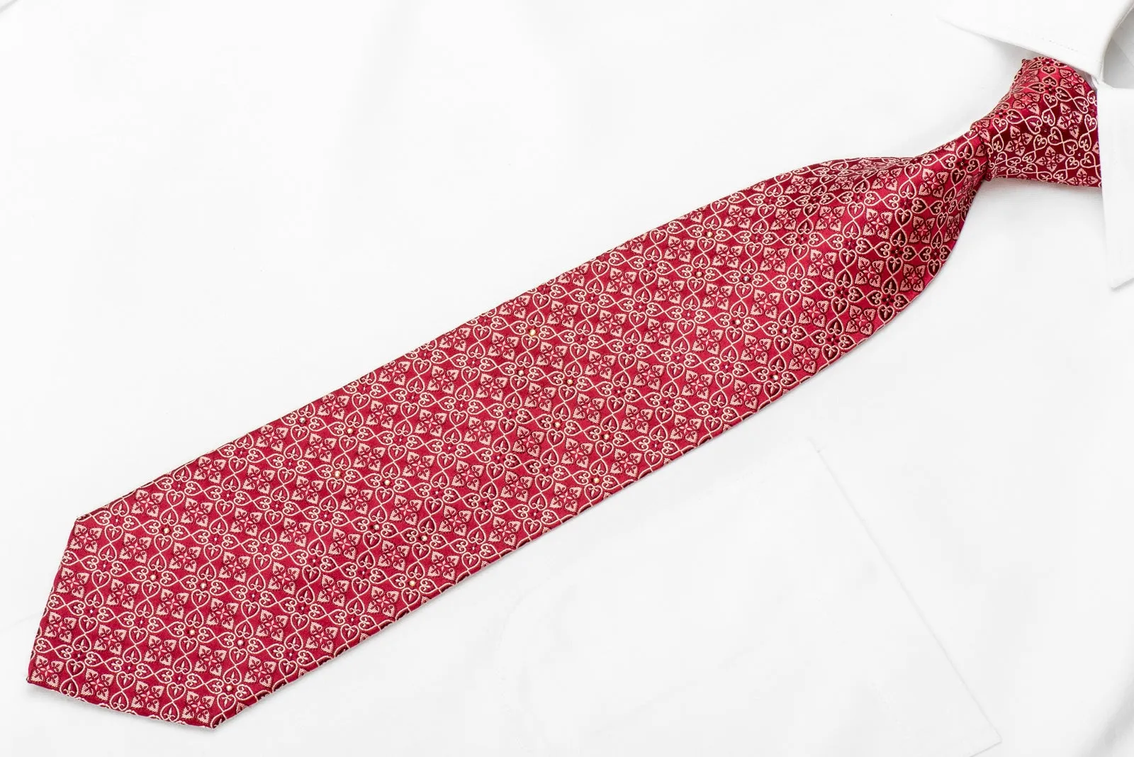 Guy Laroche Men's Crystal Silk Tie Cartouche On Red With Silver Sparkles