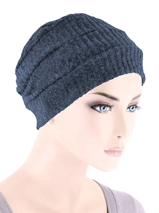 H150-BLUERIBBED#Winter Cloche Bow Hat Blue Ribbed