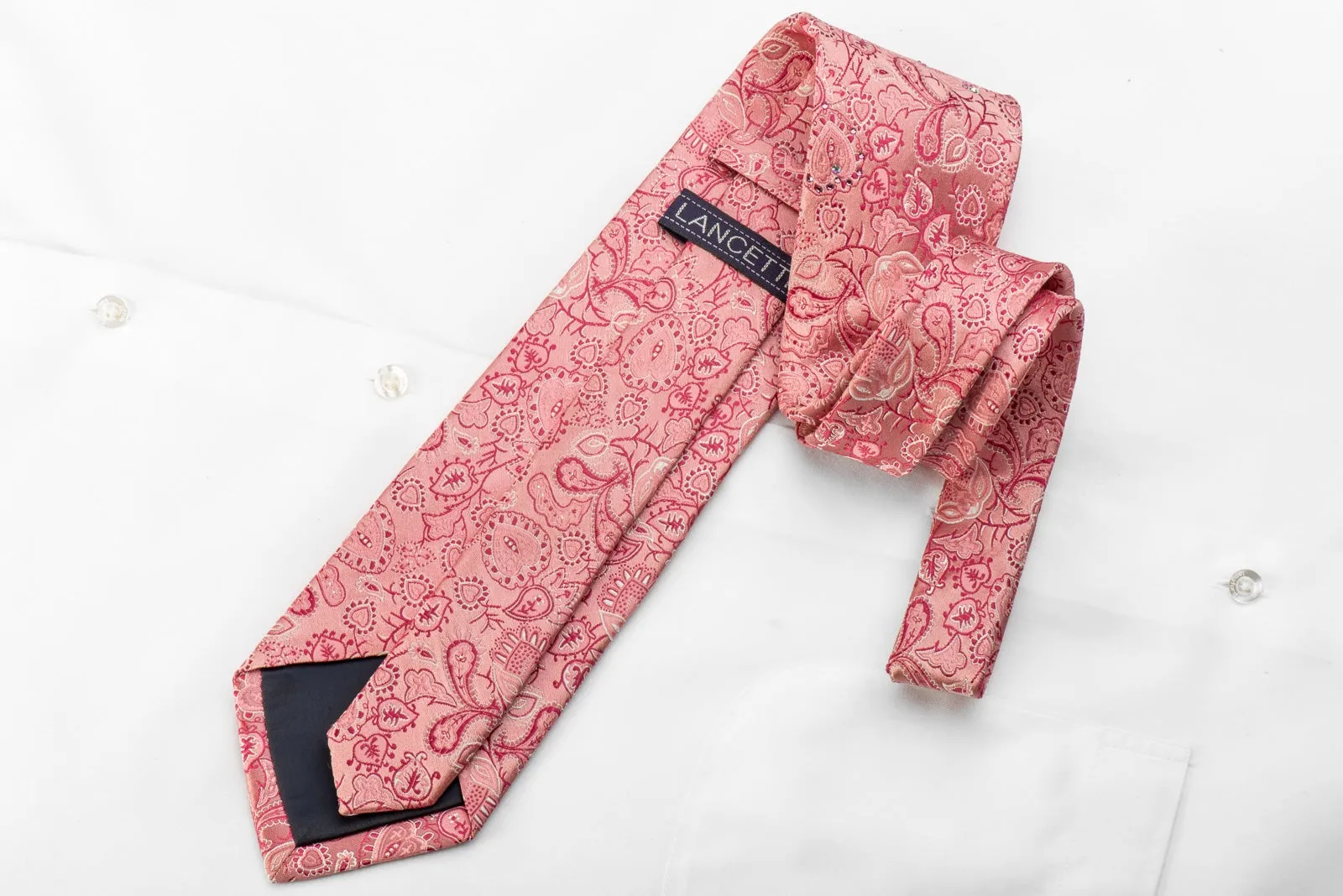 Lancetti Men's Crystal Tie Paisley On Pink Silk With Silver Sparkles