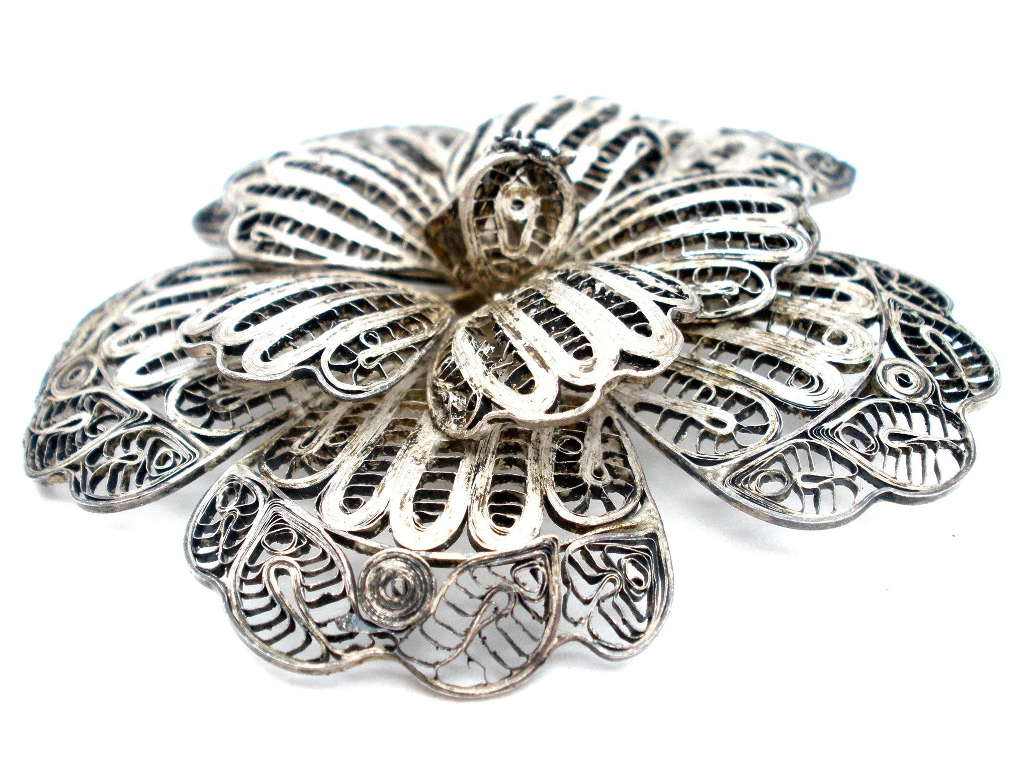 Large Cannetille Flower Sterling Silver Brooch Vintage