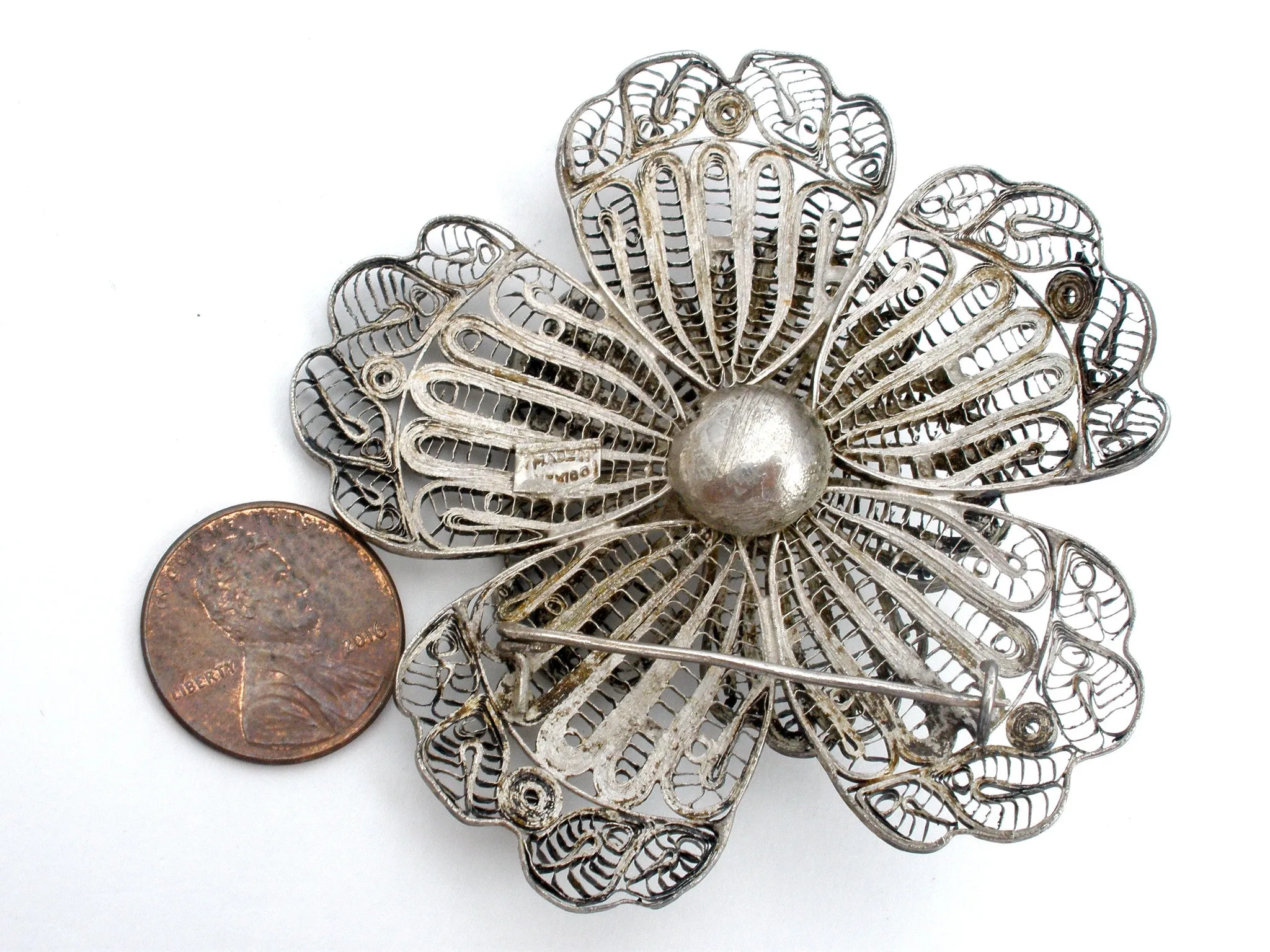 Large Cannetille Flower Sterling Silver Brooch Vintage