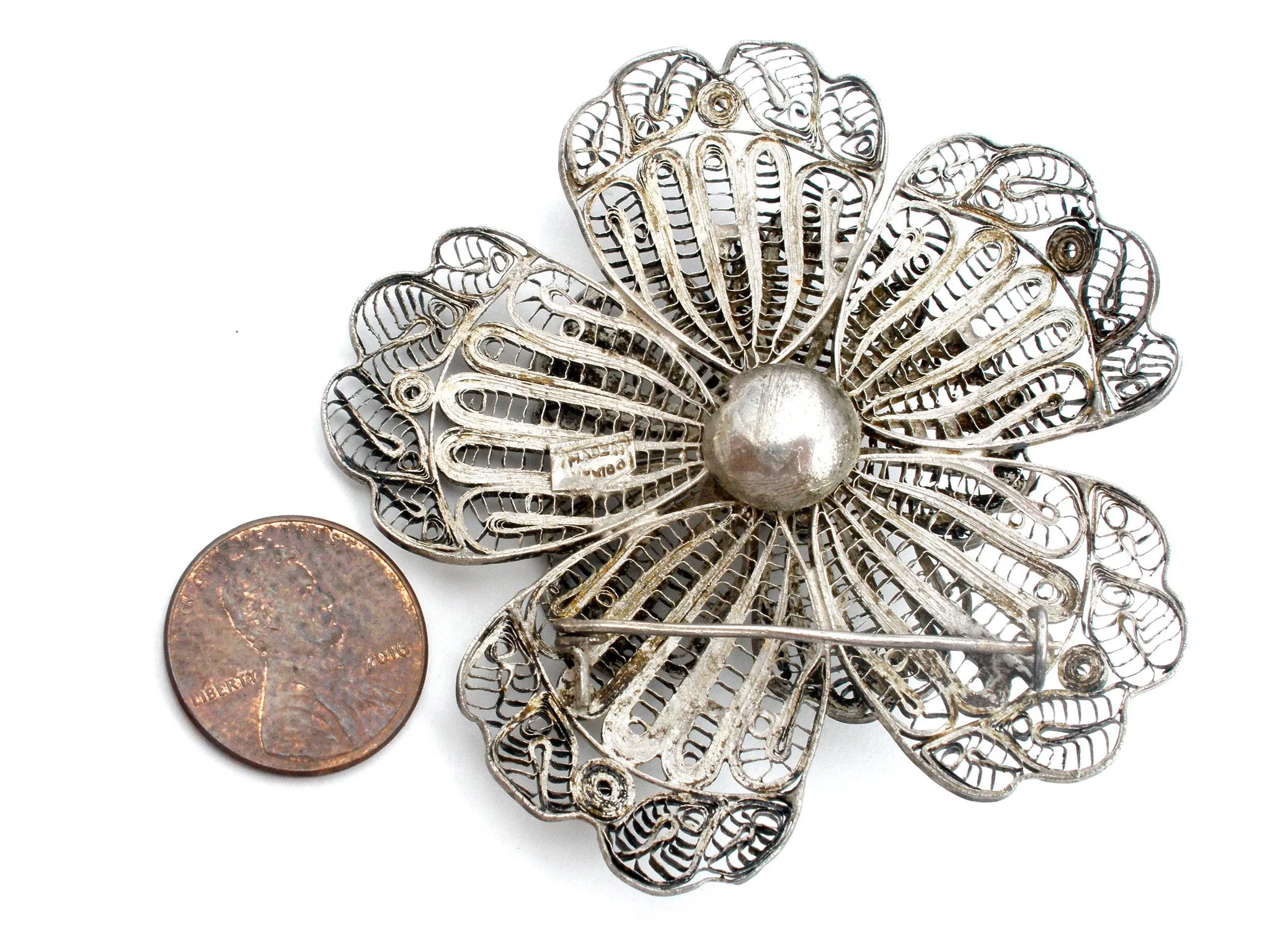 Large Cannetille Flower Sterling Silver Brooch Vintage