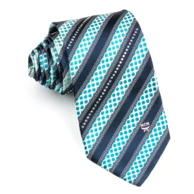 MCM Men's Rhinestone Silk Neck Tie Navy Blue Stripes On White With Sky Blue Dots