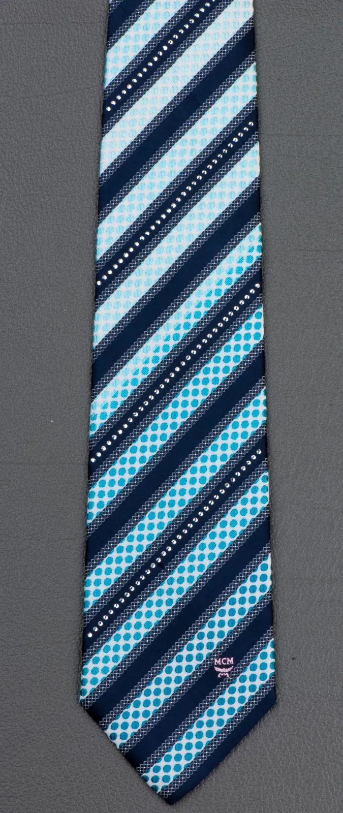 MCM Men's Rhinestone Silk Neck Tie Navy Blue Stripes On White With Sky Blue Dots