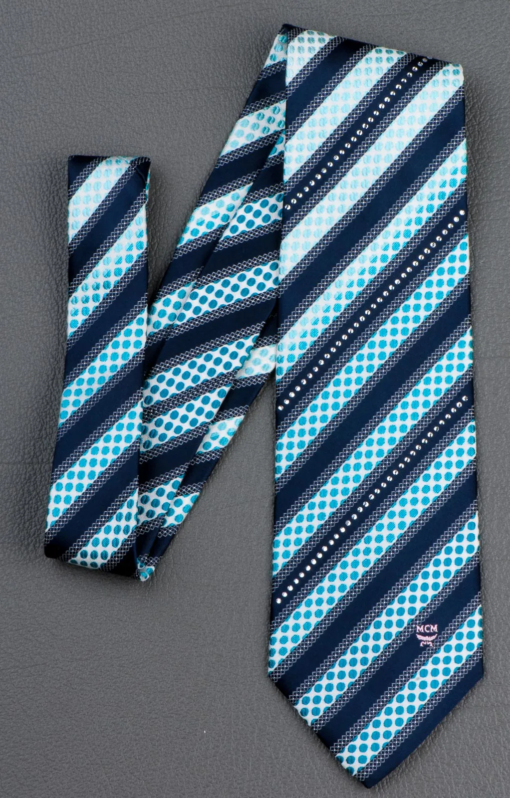 MCM Men's Rhinestone Silk Neck Tie Navy Blue Stripes On White With Sky Blue Dots