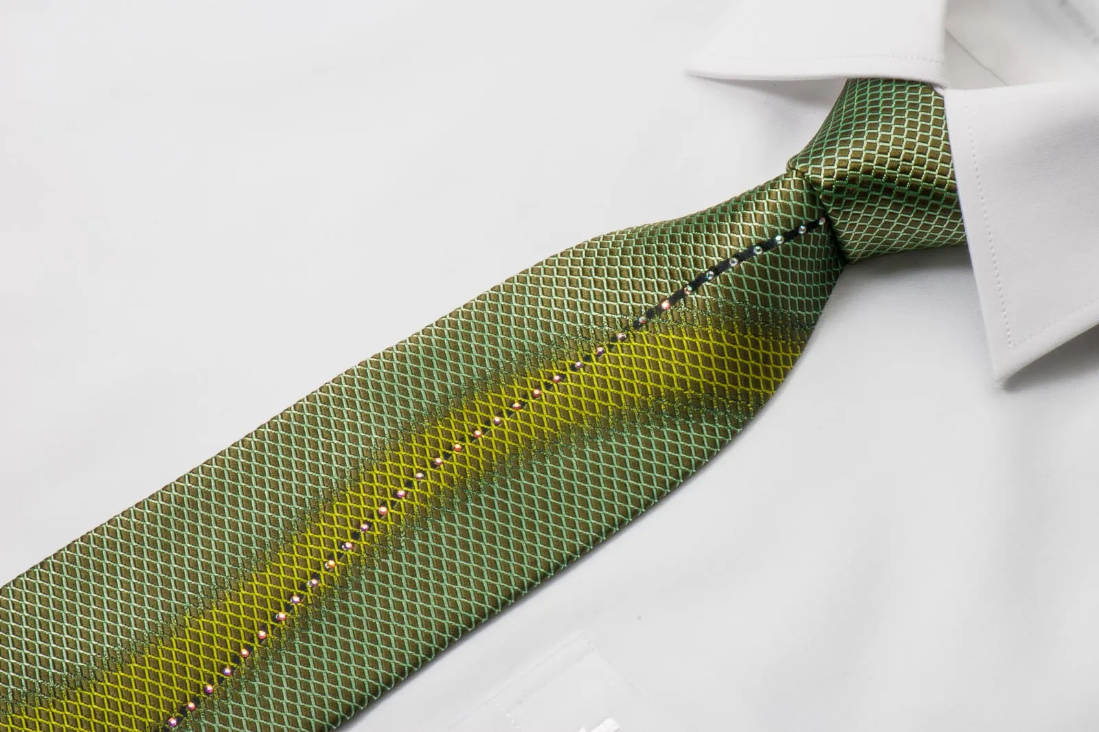 MCM Men's Silk Rhinestone Tie Green Waves & Geometric Design