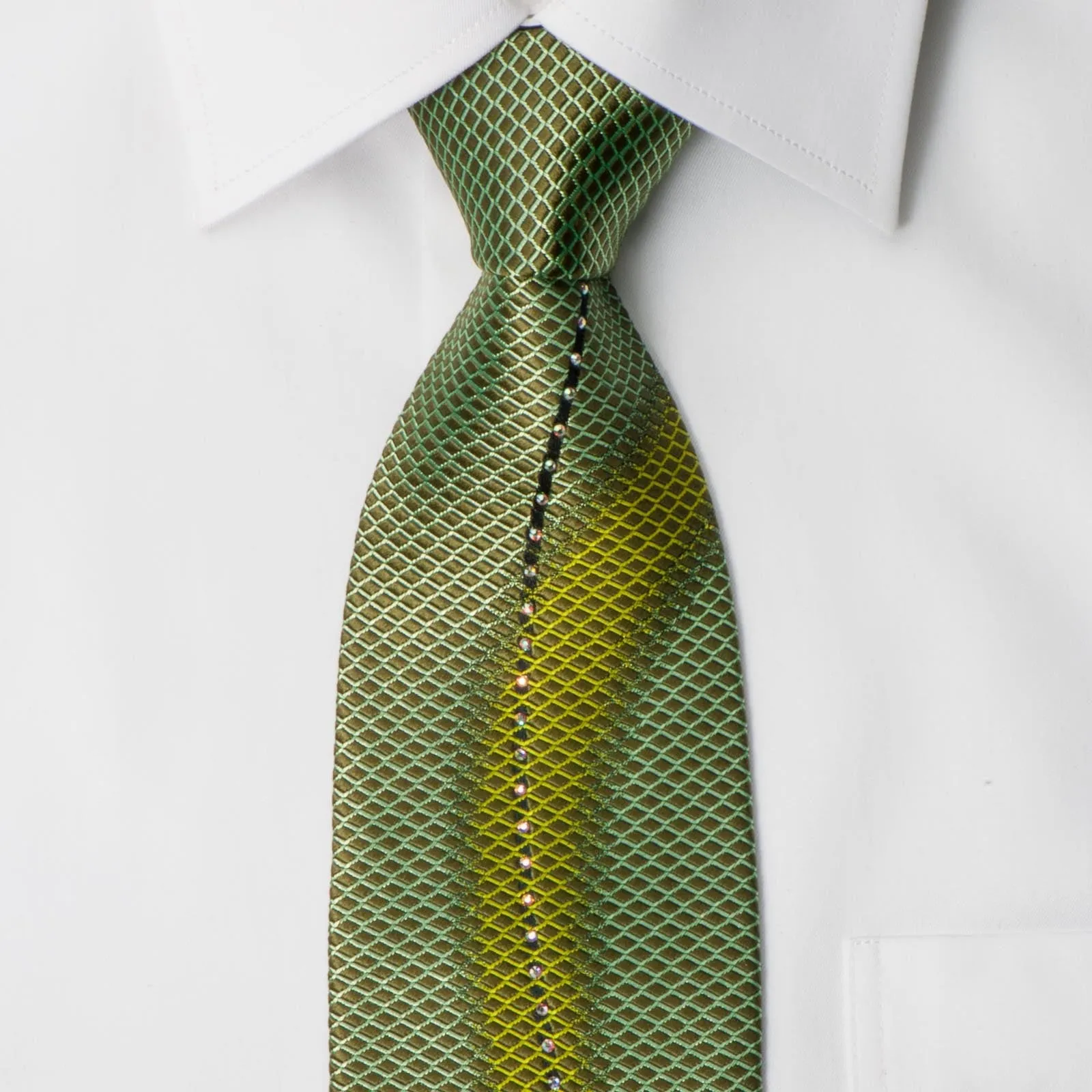 MCM Men's Silk Rhinestone Tie Green Waves & Geometric Design