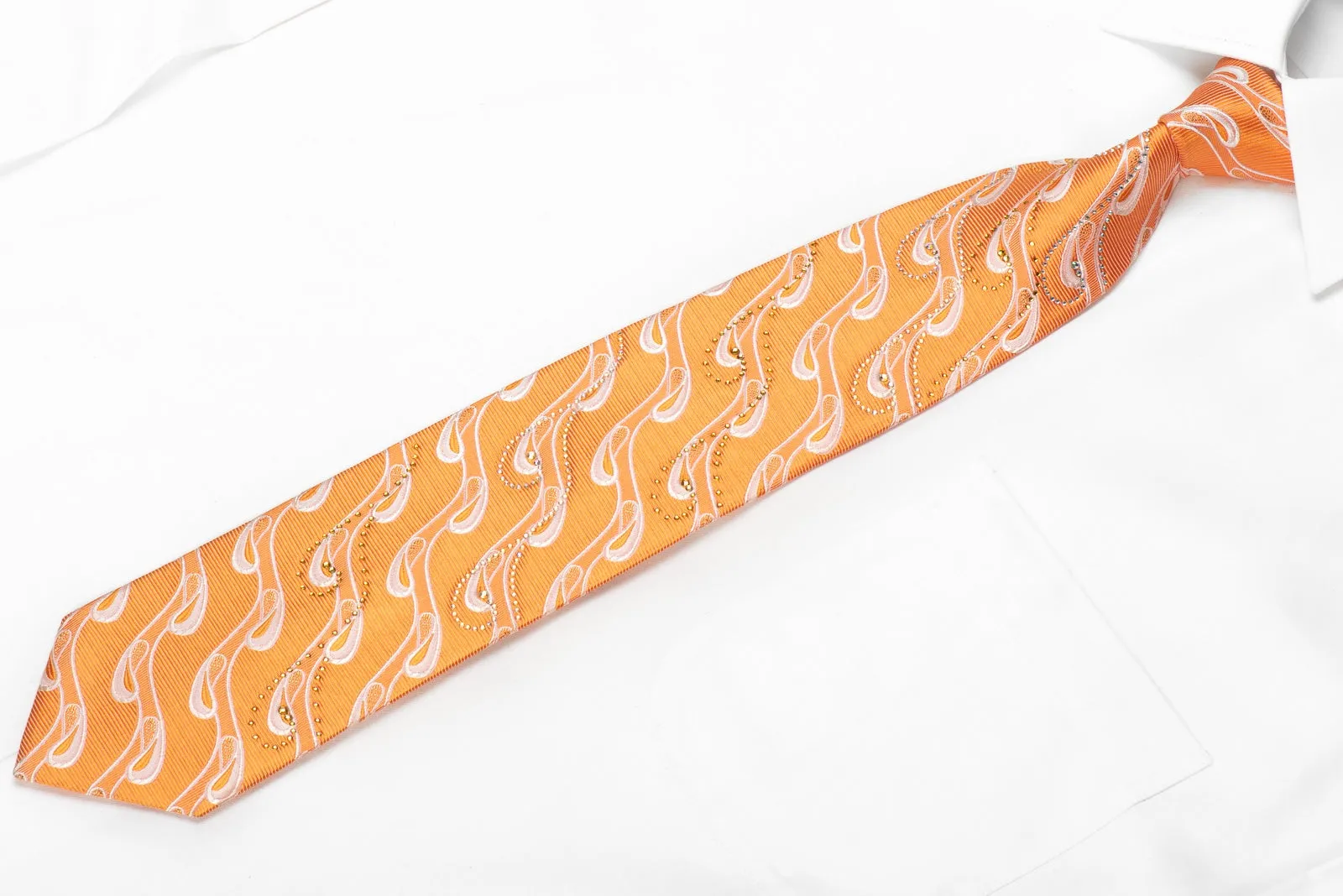 Mila Schon Men's Crystal Silk Necktie Waves On Orange With Gold Sparkles