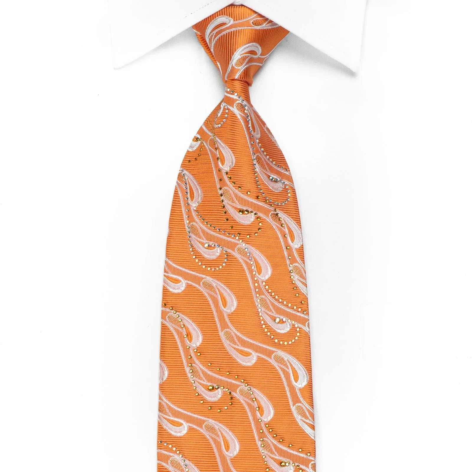 Mila Schon Men's Crystal Silk Necktie Waves On Orange With Gold Sparkles