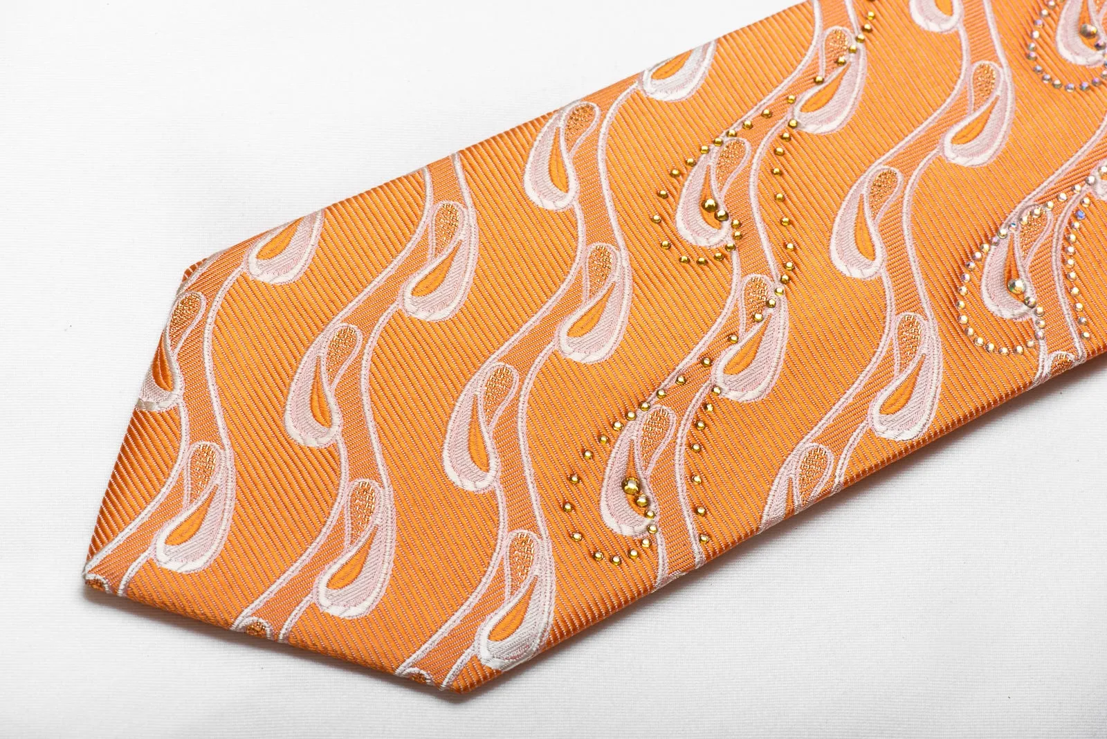 Mila Schon Men's Crystal Silk Necktie Waves On Orange With Gold Sparkles