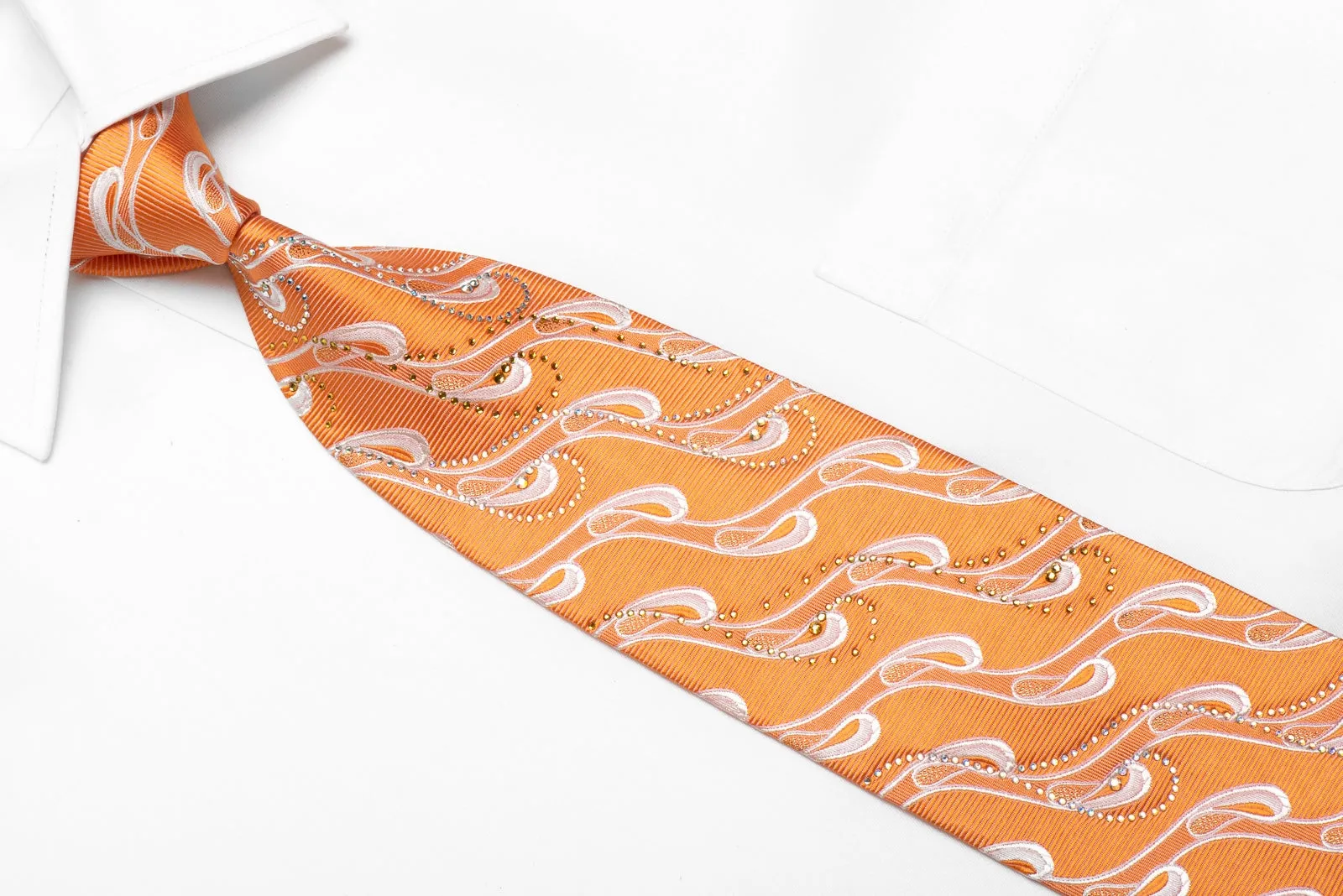 Mila Schon Men's Crystal Silk Necktie Waves On Orange With Gold Sparkles