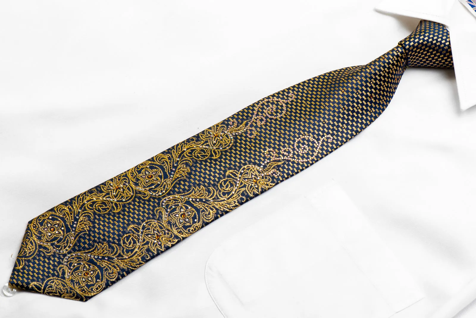 Mila Schon Rhinestone Necktie Gold Acanthus Scrolls On Navy With Sparkles