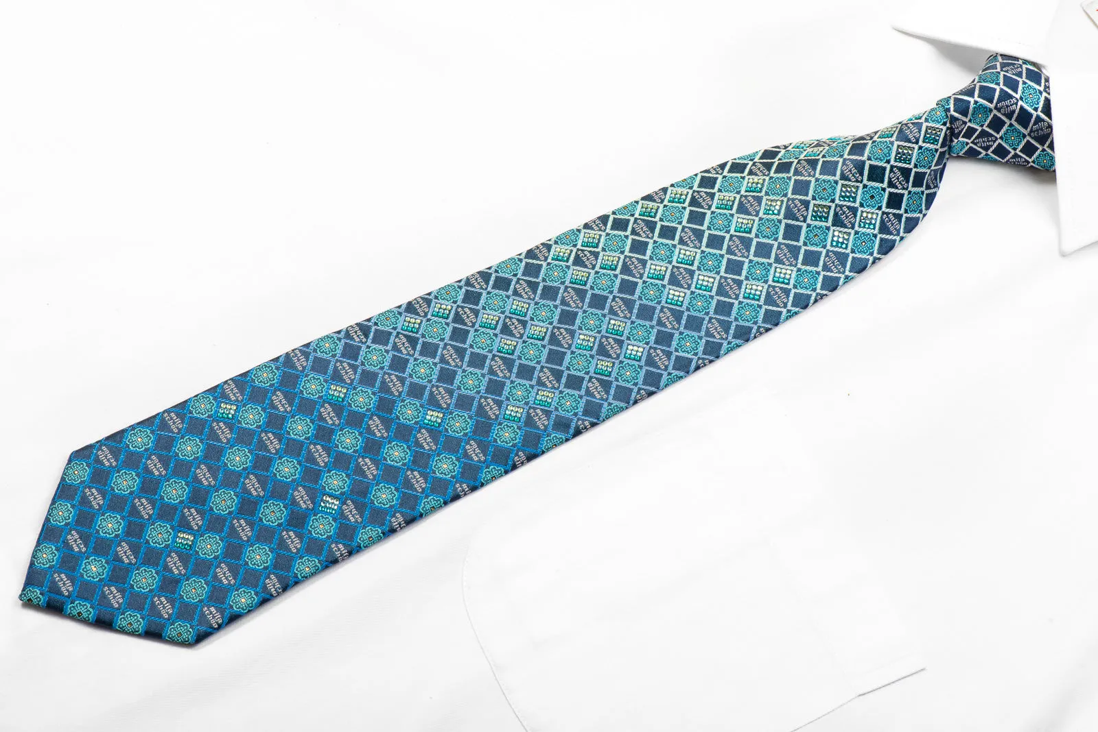 Mila Schon Rhinestone Necktie Teal Checkered On Navy With Gold Sparkles