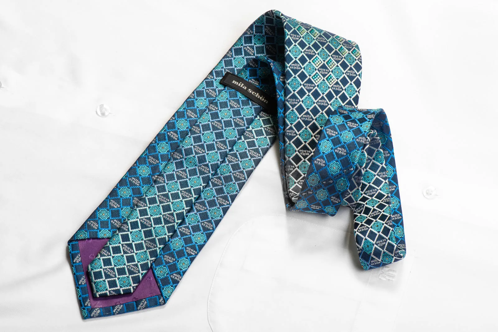 Mila Schon Rhinestone Necktie Teal Checkered On Navy With Gold Sparkles